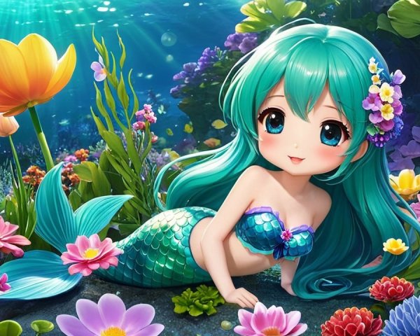 Whimsical Underwater Scene with a Cute Mermaid