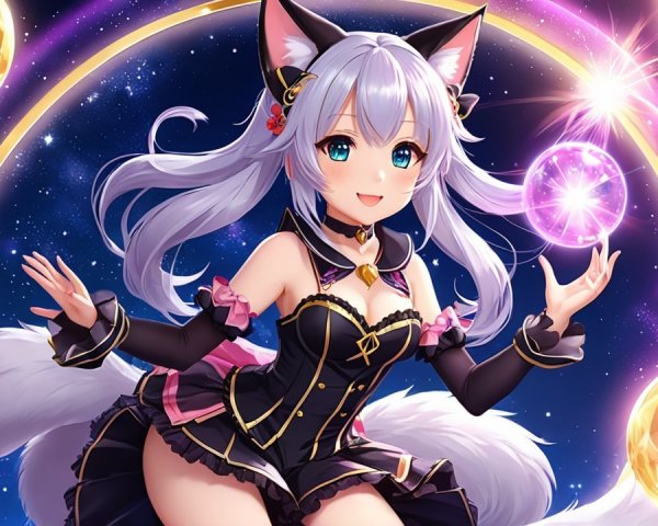 Playful anime character with cat ears and glowing orb