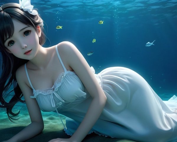 Underwater Scene with Woman in White Dress and Fish