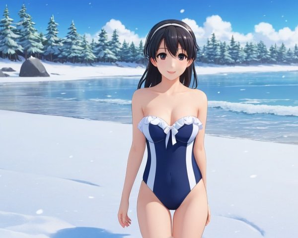 Young woman in blue swimsuit on snowy beach scene
