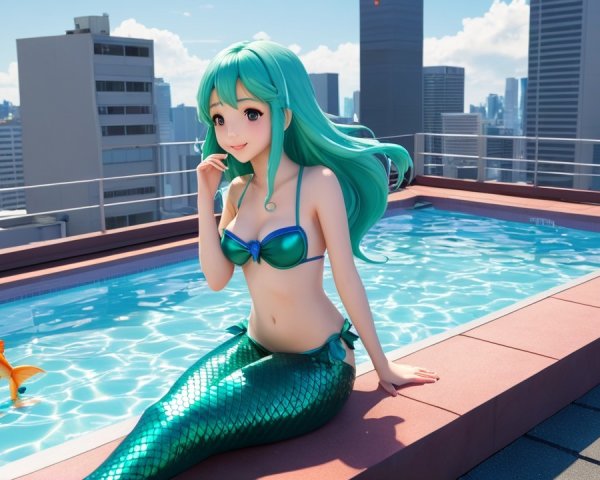 Mermaid by Rooftop Pool with City Skyline Background
