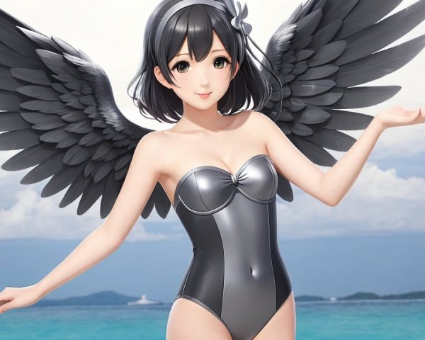 Character with Black Wings at the Beach in Swimsuit