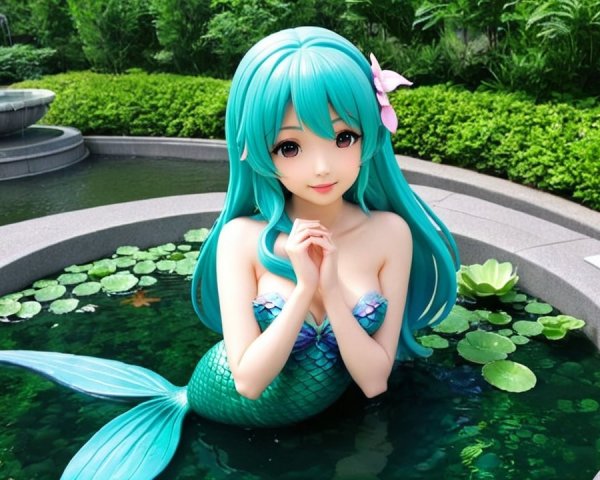 Mermaid with Turquoise Hair in Serene Green Pond