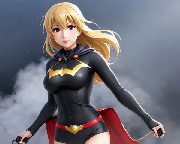 Superheroine in Black Costume with Red Cape and Emblem