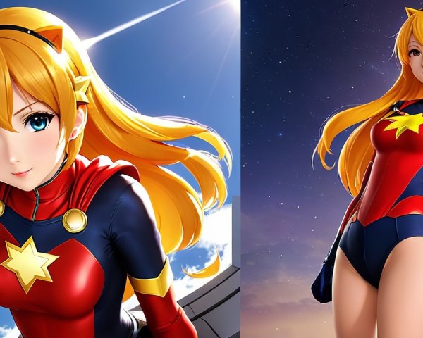 Stylized Female Superhero with Vibrant Costume and Sky