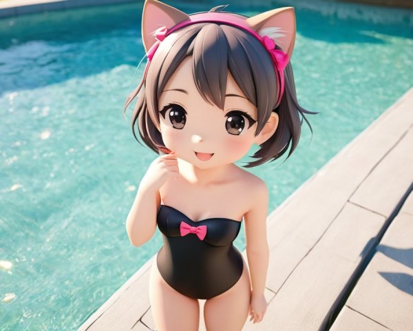 Anime Character by Pool in Black Swimsuit with Cat Ears