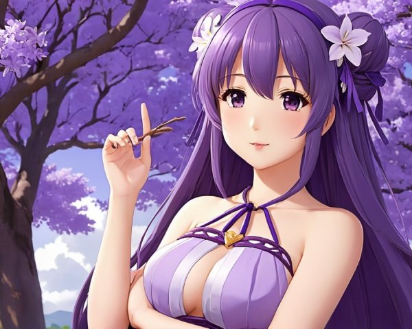 Character in Purple Amidst Blooming Lavender Trees