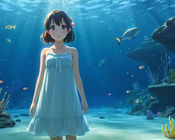 Young girl underwater with colorful fish and coral
