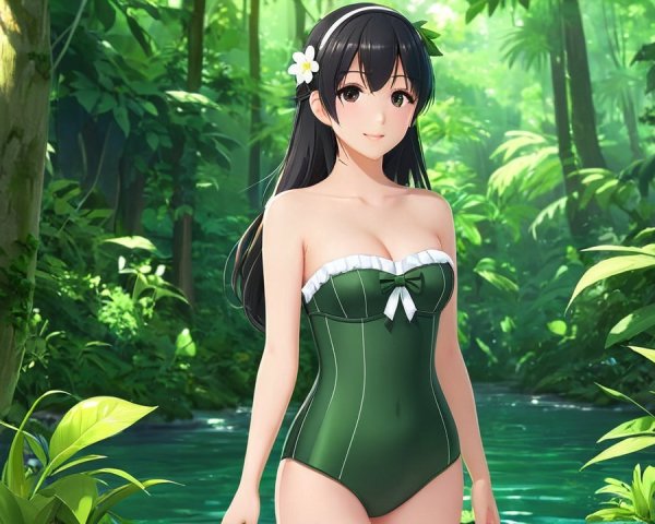 Young Woman in Tropical Jungle with Stream