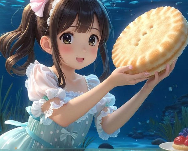 Cheerful girl with cake in vibrant underwater scene