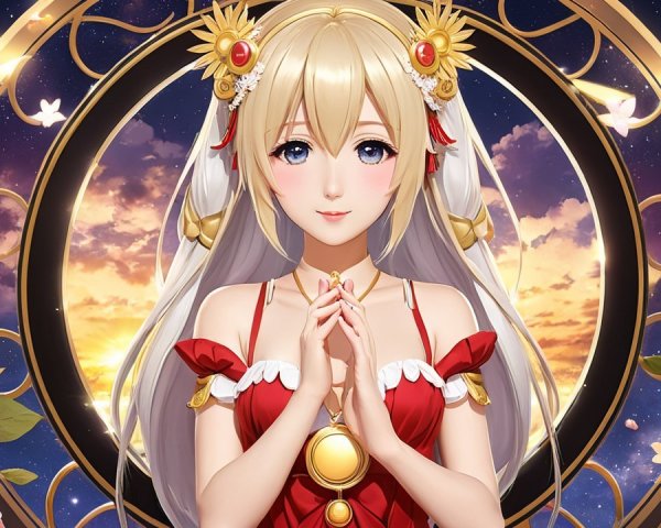Anime Character in Elegant Red Dress at Sunset