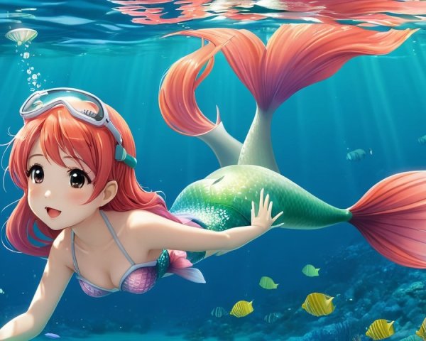 Cheerful Mermaid Swimming in Colorful Coral Reef