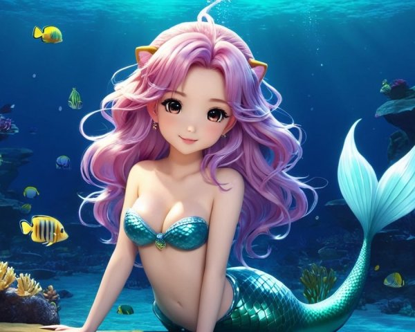 Vibrant Underwater Scene with Enchanting Mermaid