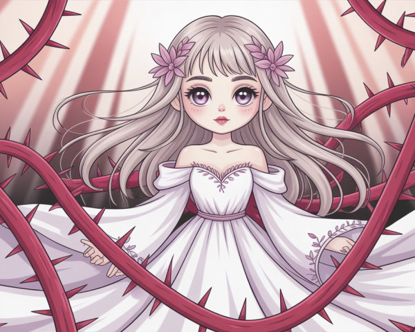 Stylized digital painting of a feminine figure with flowers