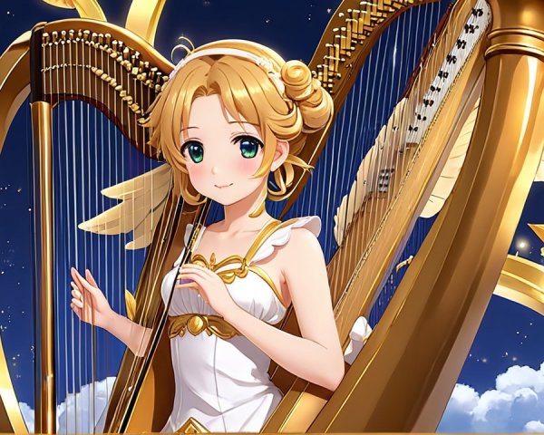 Anime-style girl with wings playing a harp in night sky