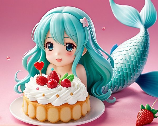 Mermaid Girl with Cake and Aqua Hair in Pink Background