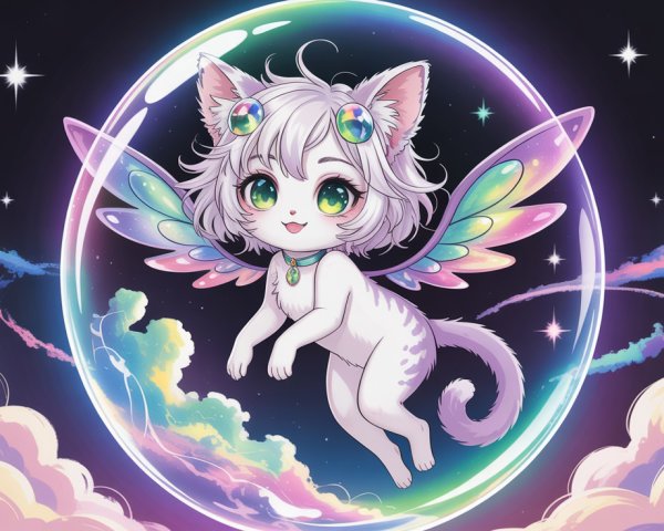 Fluffy White Anime Cat with Colorful Accessories