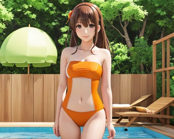 Animated character by a swimming pool in summer setting