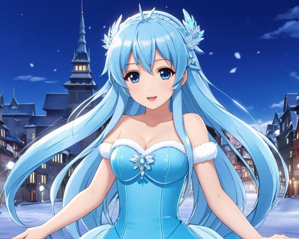 Anime girl in snowy town with blue hair and dress