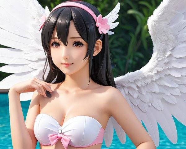 Young woman with wings by a pool in lush greenery