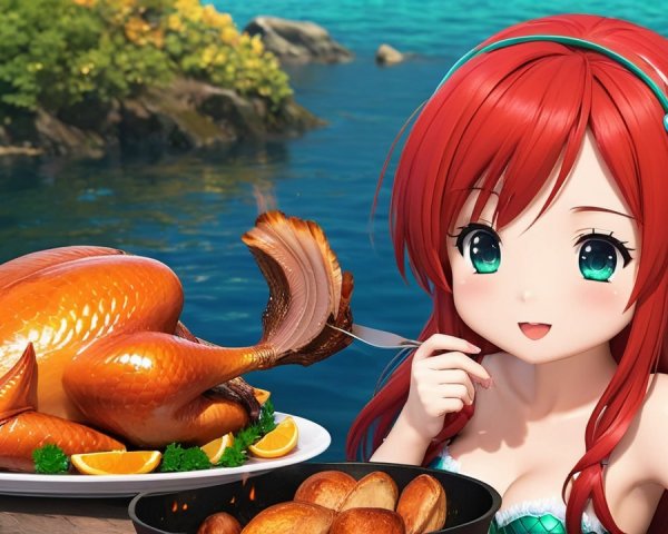 Cheerful Character with Turkey by the Water