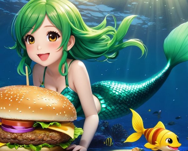 Vibrant Underwater Scene with Mermaid and Hamburger