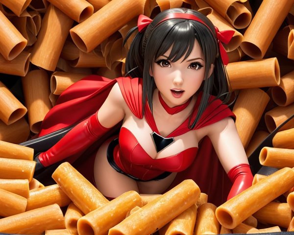 Anime Character Surrounded by Rigatoni Pasta Heap