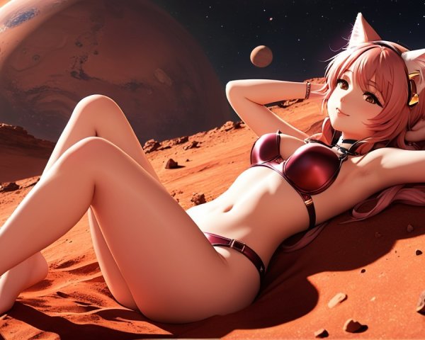 Futuristic character on red Martian surface at night