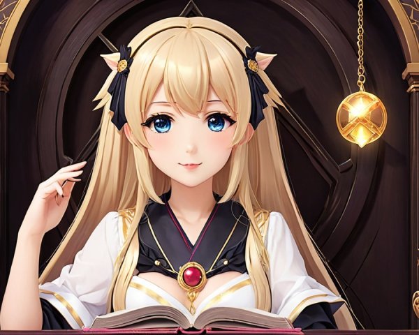 Mystical Character at Ornate Desk with Celestial Elements