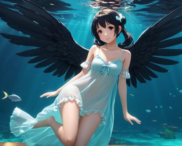 Underwater Scene of a Girl with Black Wings
