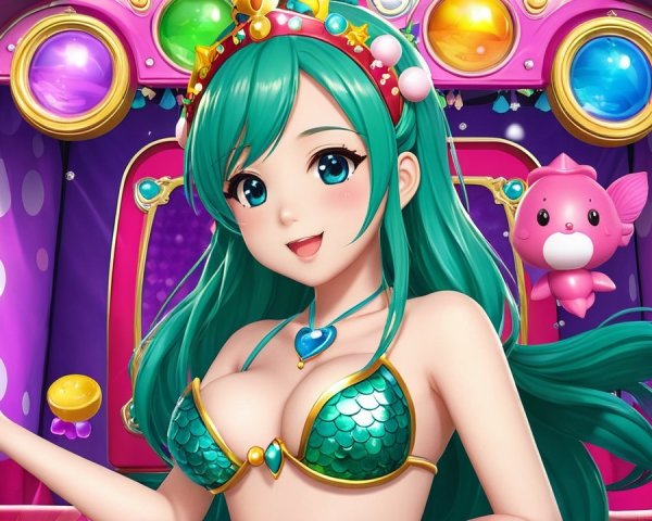 Cheerful Girl in Mermaid Bikini with Colorful Background