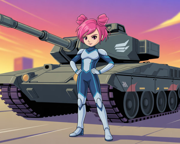 Anime Girl in Futuristic Armor Beside Military Tank