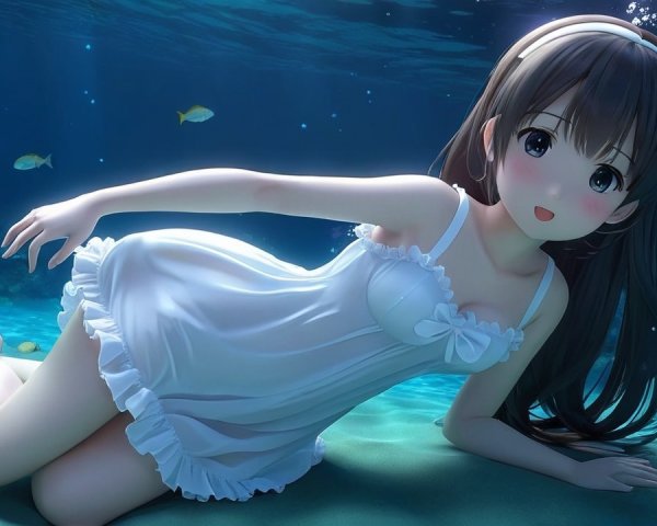 Underwater Scene with Girl in White Dress and Coral