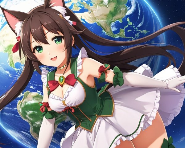 Cheerful anime character with cat ears and holiday dress