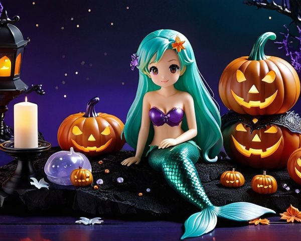 Whimsical Halloween Scene with Mermaid and Pumpkins