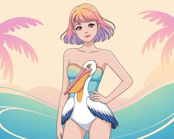 Anime Girl in Pelican Swimsuit with Colorful Background