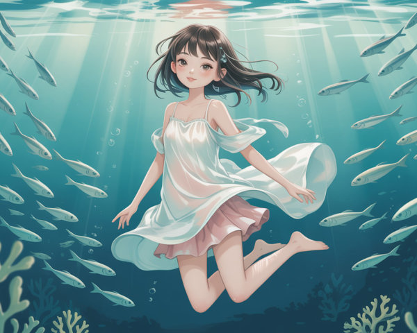 Anime-style underwater scene with a young woman