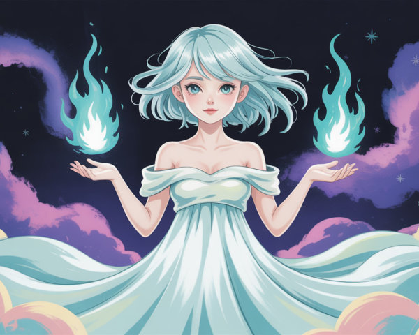 Full-body anime girl in gown with turquoise flames