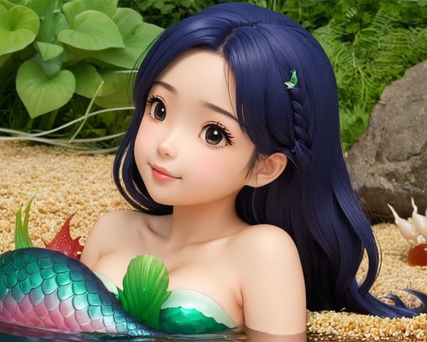 Mermaid in a serene pond with vibrant surroundings