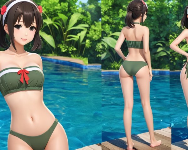 Young woman in green bikini by a poolside setting