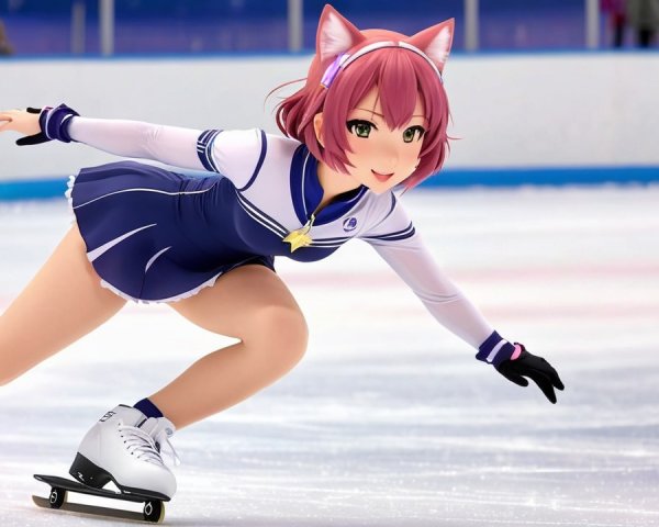 Elegant Ice Skater in Navy Outfit with Cat Ears