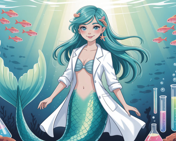 Cute anime mermaid in underwater lab setting