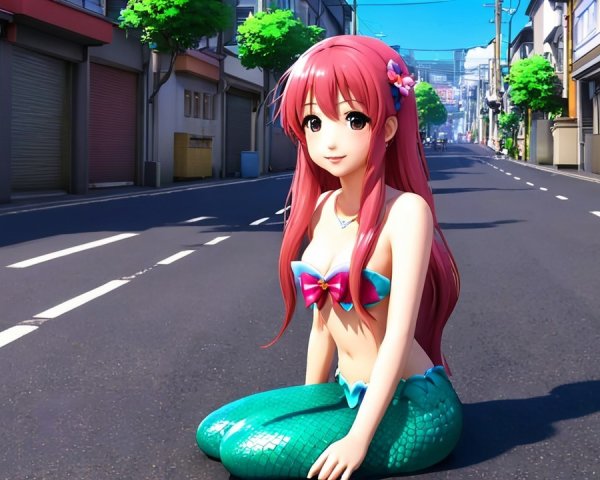 Mermaid in Colorful Bikini on Urban Street Scene