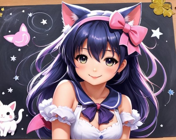 Anime girl in maid outfit with cat ears and stars