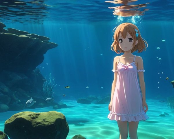 Young girl underwater with aquatic life and sunlight