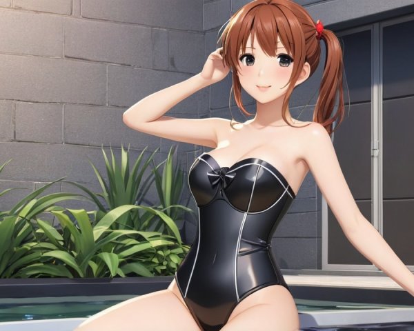 Cheerful Character by Modern Poolside in Stylish Swimsuit