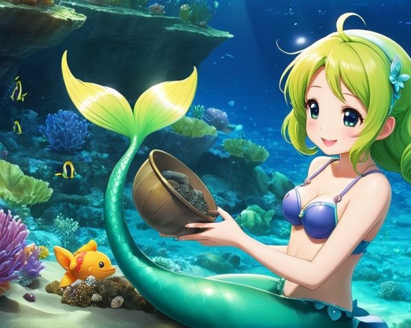 Cheerful mermaid in colorful underwater scene with treasures
