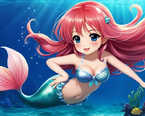 Vibrant Underwater Scene with Cheerful Mermaid