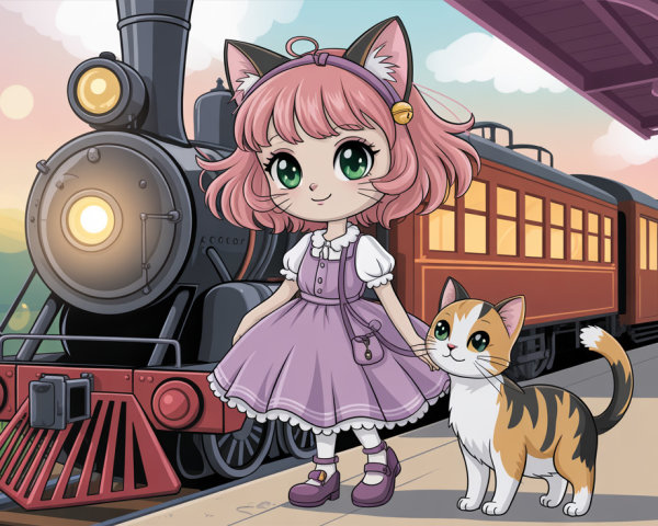 Anime Illustration of Girl with Cat on Train Platform
