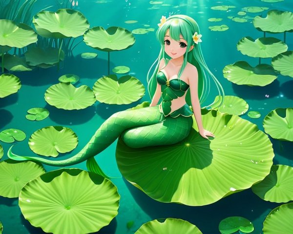 Underwater Scene with Mermaid on Lily Pad